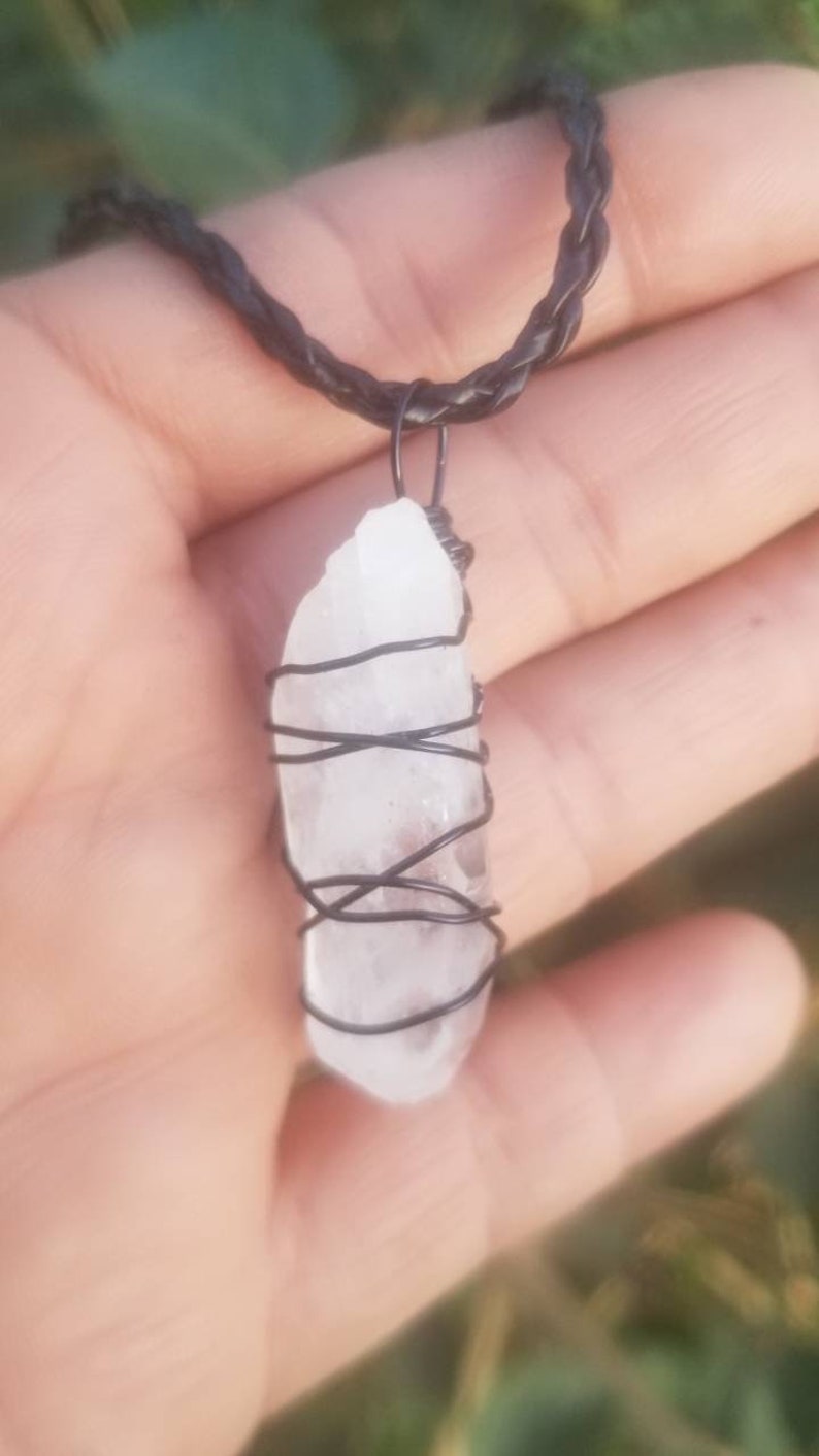 Necklace Unisex Necklace Mens Cord Necklace Quartz Point Necklace Wire Wrapped Quartz Point