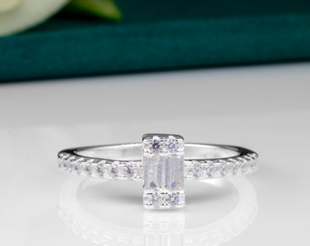 Ladies 925 Sterling Silver Ring Rectangle Baguette Cubic Zirconia CZ Wedding Engagement Statement Jewellery Man-made Diamond Gift Boxed