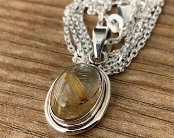 Golden Rutile Quartz Gemstone Pendant Sterling 925 Necklace Jewellery Gift