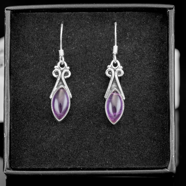 925 Sterling Silver Marquise Cut Purple Amethyst Gemstone Drop Dangle Ladies Earrings Jewellery Gift Boxed Jewelry