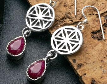 925 Sterling Silver Pear Cut Red Ruby Gemstone Drop Dangle Ladies Mandala Earrings
