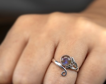 Sterling Silver Labradorite Round Gemstone Adjustable Ring Ladies Jewellery Gift Boxed