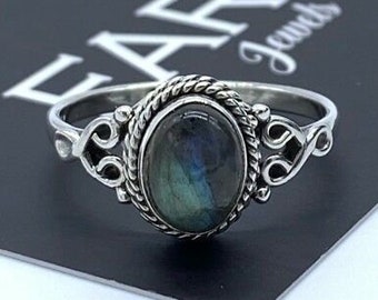 925 Sterling Silver Ladies Labradorite Oval Cabochon Gemstone Ring Zodiac Jewelery Gift Box Jewelry