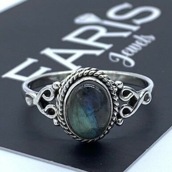 925 Sterling Silver Ladies Labradorite Oval Cabochon Gemstone Ring Zodiac Jewelery Gift Box Jewelry