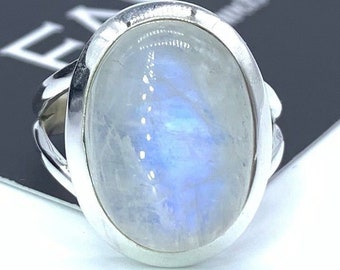 Big 925 Sterling Silver Ladies Moonstone Cabochon Oval Ring Gemstone Jewellery Gift Box Jewelry