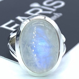 Big 925 Sterling Silver Ladies Moonstone Cabochon Oval Ring Gemstone Jewellery Gift Box Jewelry