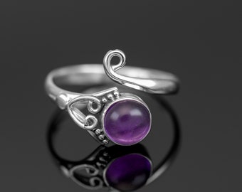 Solid 925 sterling Silver Amethyst Ring - Round Purple Gemstone - Adjustable Gift for Her