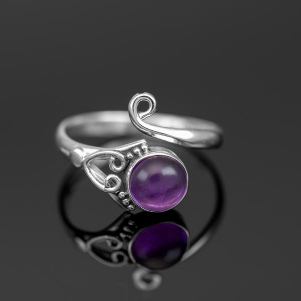 Sterling Silver Round Purple Amethyst Gemstone Adjustable Ring Ladies Gift Jewellery Boxed Jewelry