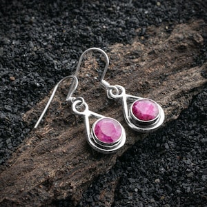 925 Sterling Silver Round Red Ruby Gemstone Drop Dangle Ladies Earrings