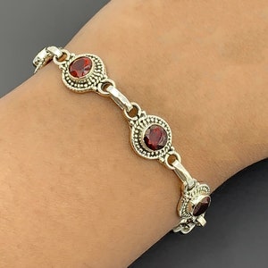 Elegant Sterling Silver 925 Ladies Round Red Garnet Bracelet Bangle Gemstone Birthstone Jewellery