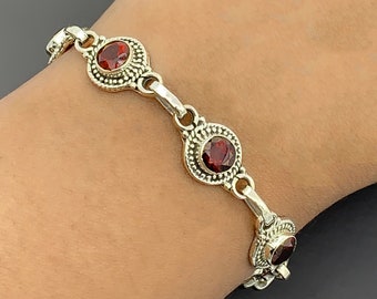 Elegant Sterling Silver 925 Ladies Round Red Garnet Bracelet Bangle Gemstone Birthstone Jewellery