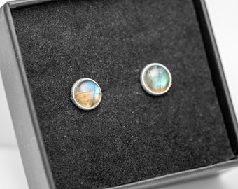 Genuine 925 Sterling Silver Labradorite Earrings Round Button Studs Gemstone Jewellery