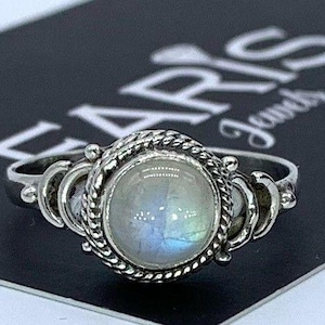 Gemstone 925 Sterling Silver Ladies Round Natural Moonstone Ring Jewellery Gift