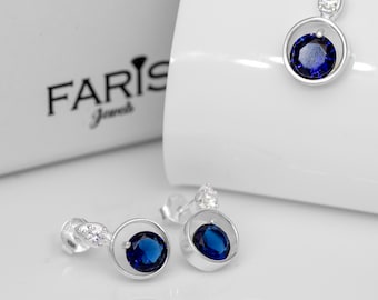 Blue Sapphire And Zirconia Sterling Silver Ladies Round Pendant Necklace Earrings Set Jewellery Gift Jewelry