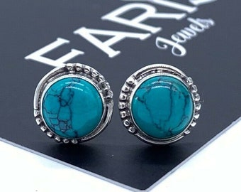 Beautiful Handmade 925 Sterling Silver Turquoise Round Designer Earrings Studs Gemstone Jewelry Gift For Her Boxed