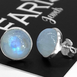 Genuine 925 Sterling Silver Round Moonstone Earrings Button Studs Gemstone Jewellery