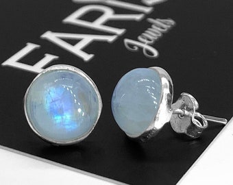 Genuine 925 Sterling Silver Round Moonstone Earrings Button Studs Gemstone Jewellery