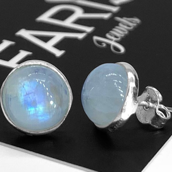 Boucles d'oreilles rondes en argent sterling 925 véritable avec pierre de lune, boutons, bijoux en pierres précieuses