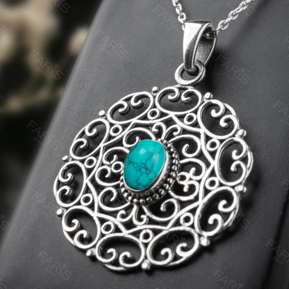 Jeweloporium Collana Artigianale In Argento 925 Con Ciondolo Ovale E Pietre Dure Naturali: Granato, Ambra, Turchese E Onice. Gioiello Boho Chic Fatto A Mano In India, Perfetto Per Donna - 2