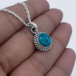 Small Sterling Silver 925 Turquoise Gemstone Ladies Round Pendant Necklace Chain Jewellery Gift Boxed