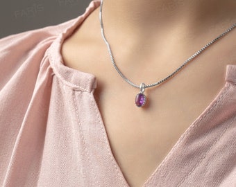 Small 925 Sterling Silver Oval Cut Amethyst Gemstone Ladies Pendant Necklace