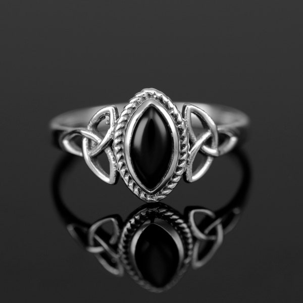 Bague pour femme en argent sterling 925 avec pierres précieuses Dainty Marquise, onyx noir, bijoux dans une boîte cadeau