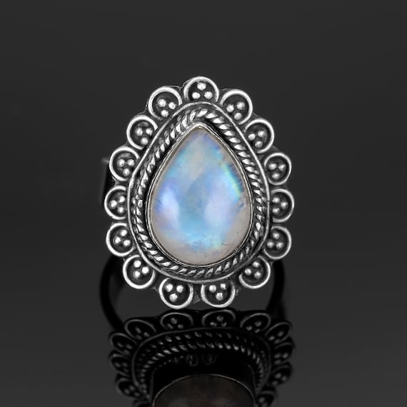 Handmade Pear Moonstone Ring Size O, 925 Sterling Silver, Gift Box