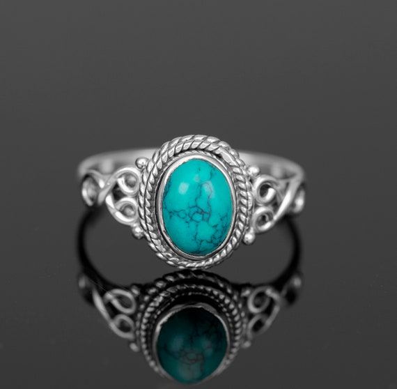 thumbnail interactive-video image 1 of Handmade 925 Sterling Silver Oval Turquoise Stone Ring - 9x7mm - Stackable, Sizes H-X 1 of 4