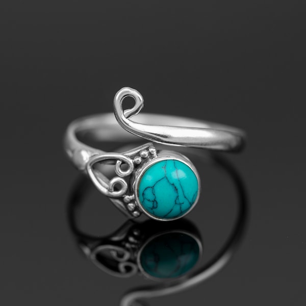 Sterling Silver Turquoise Round Gemstone Adjustable Ring Ladies Gift Jewellery Boxed Jewelry