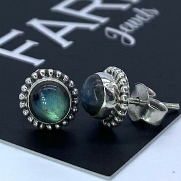 Elegant 925 Sterling Silver Round Labradorite Earrings Button Studs Gemstone Ladies Jewellery Gift