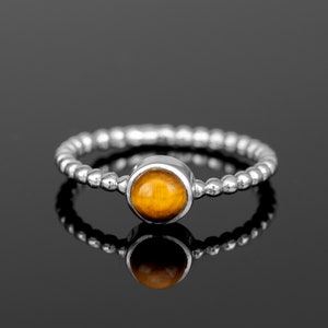 Ladies 925 Sterling Silver Ribbed Bubble Ring Brown Tiger&#39;s Eye Round Gemstone Jewellery Gift Women Jewelry