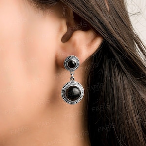 Sterling Silver Black Onyx Vintage Antique Drop Dangle Ladies Earrings Jewellery