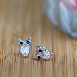 May include: A pair of silver owl stud earrings with black eyes and clear crystal accents.