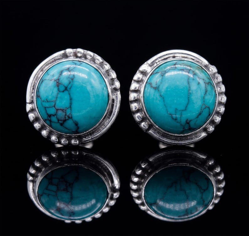 Handmade Sterling Silver Turquoise Stud Earrings, Round Gemstone