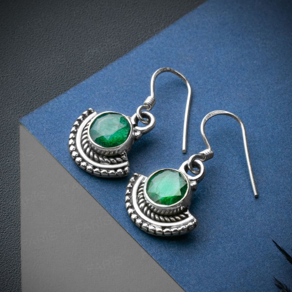 925 Sterling Silver Round Cut Green Emerald Gemstone Drop Dangle Ladies Fan Earrings