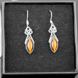 925 Sterling Silver Marquise Cut Brown Tiger&#39;s Eye Gemstone Drop Dangle Ladies Earrings Jewellery Gift Boxed Jewelry