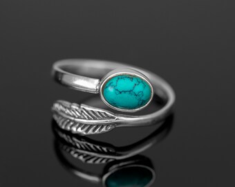 Adjustable Sterling Silver Turquoise Gemstone Leaf Ring Ladies Gift Jewellery Boxed Jewelry One Size