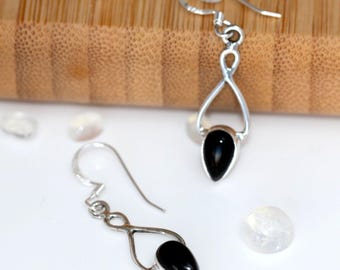 925 Sterling Silver Black Onyx Gemstone Infinity Drop Dangle Earrings Jewellery