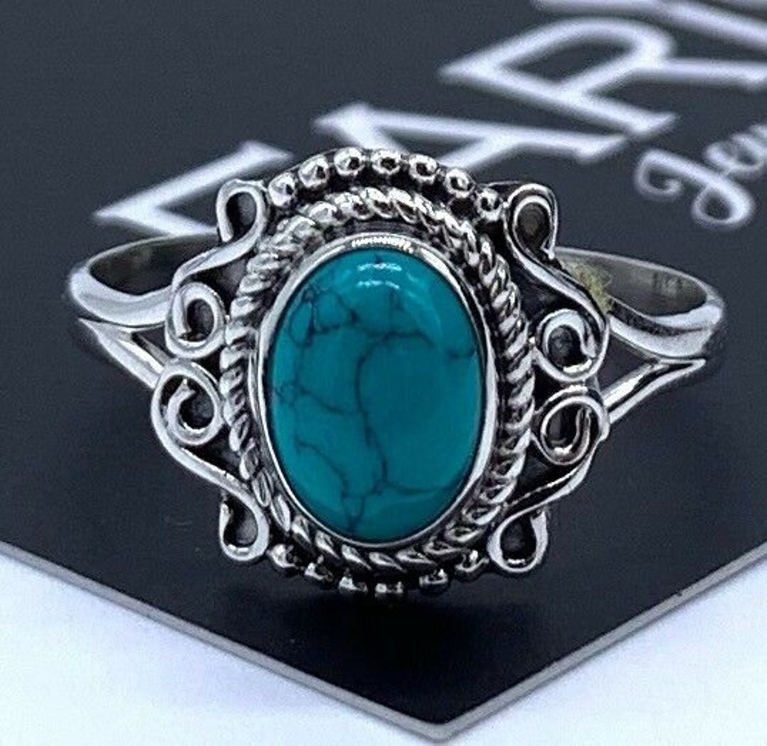 925 Stamped Sterling Silver Ladies Turquoise Oval Gemstone Ring Gift ...