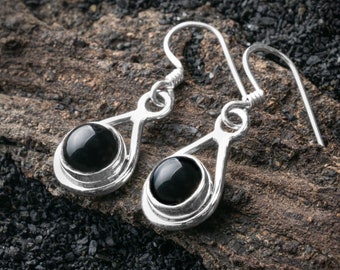 925 Sterling Silver Round Black Onyx Gemstone Drop Dangle Ladies Earrings