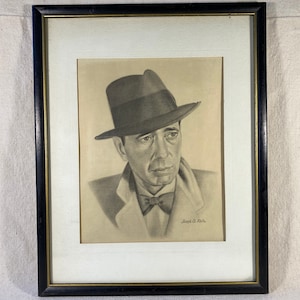 Vintage Humphrey Bogart Framed Print Lithograph of Pencil Drawing by Joseph G. Rella Hollywood Star Actor