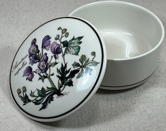 Vintage Villeroy & Boch “Botanica” Vitro-Porcelain Round Lidded Trinket Box Aconitum Napellus Flowers | Made in Luxembourg