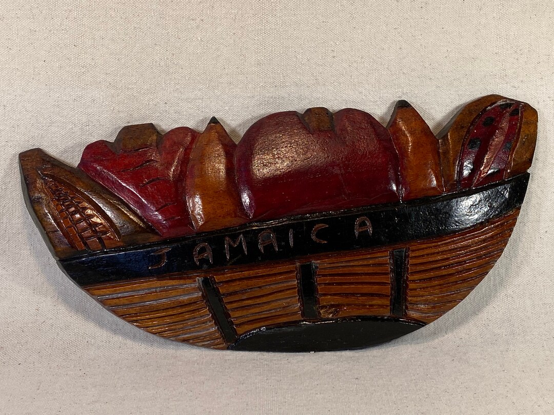 Vintage Handcarved Wood Jamaica Souvenir Plaque Fruit Basket Caribbean