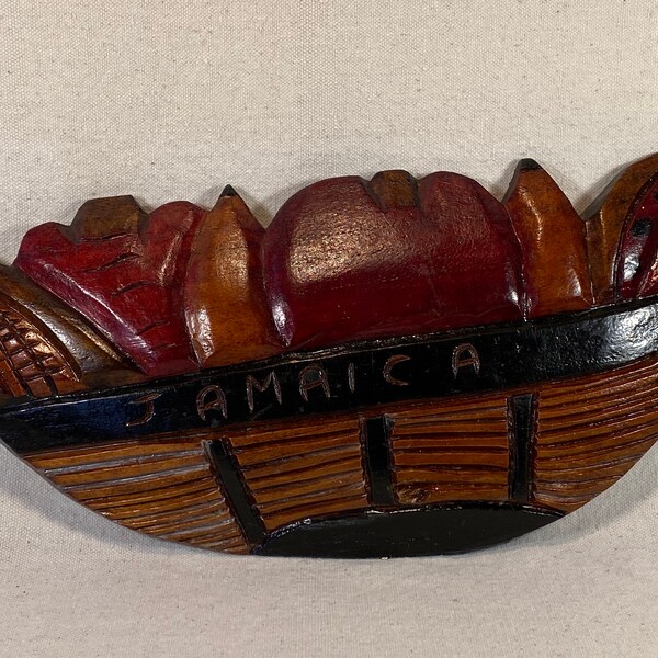 Vintage Hand-Carved Wood Jamaica Souvenir Plaque Fruit Basket Caribbean West Indies Folk Art