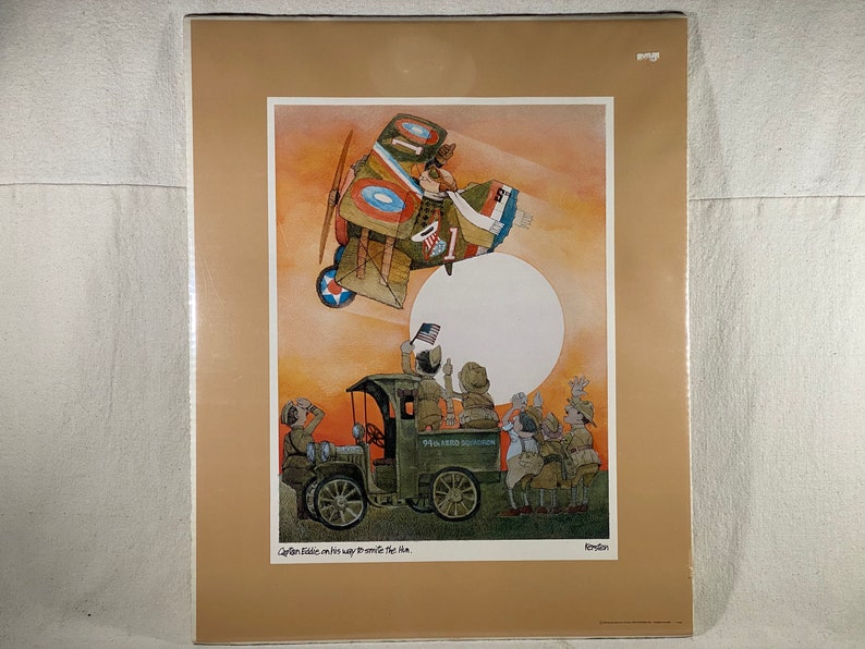 Vintage Kersten Brothers Aviation Print “Captain Eddie on His Way to Smite The Hun” World War I