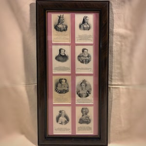 8 Queens of France Antique Framed Engravings Marie Antoinette Anne de Bretagne Marie Thérèse Catherine Medici Blanche de Castille