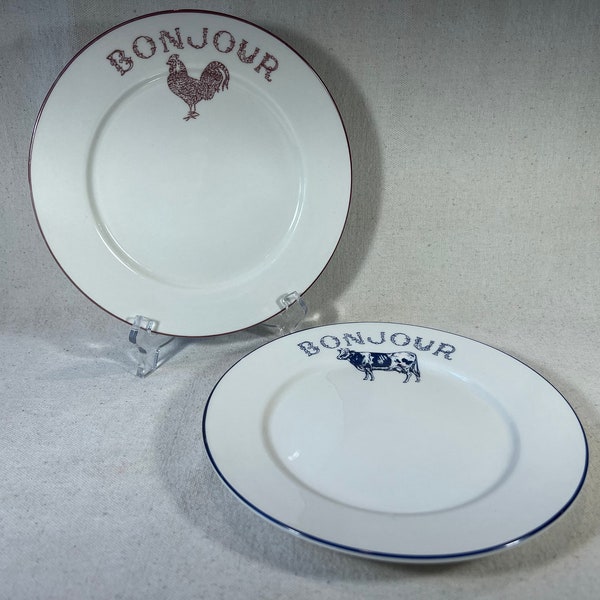 Pair of “Bonjour” Plates Rooster and Cow French Farmhouse Kitchen Decor cry Room Essentials 7 3/4” Blue Red on White