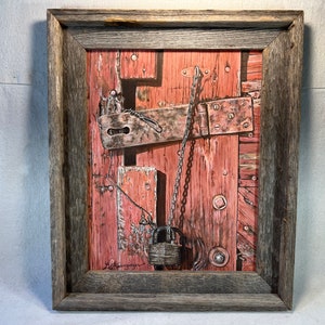 Vintage Framed Oil Painting Barn Door w Lock Signed LW Kaunzinger | Rustic Wood Frame | Farm Rural Farm | Impressionist Farmhouse Ranch Art