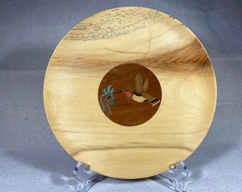 Vintage Hummingbird Wood Inlay Display Plate Aspen Wood Crystal Valley Wood Products Carbondale Colorado 1982