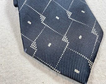 Vintage Valentino Cravatte Necktie Geometric Design Blue Sliver Textured Italian Silk Men’s Tie Handmade in Italy